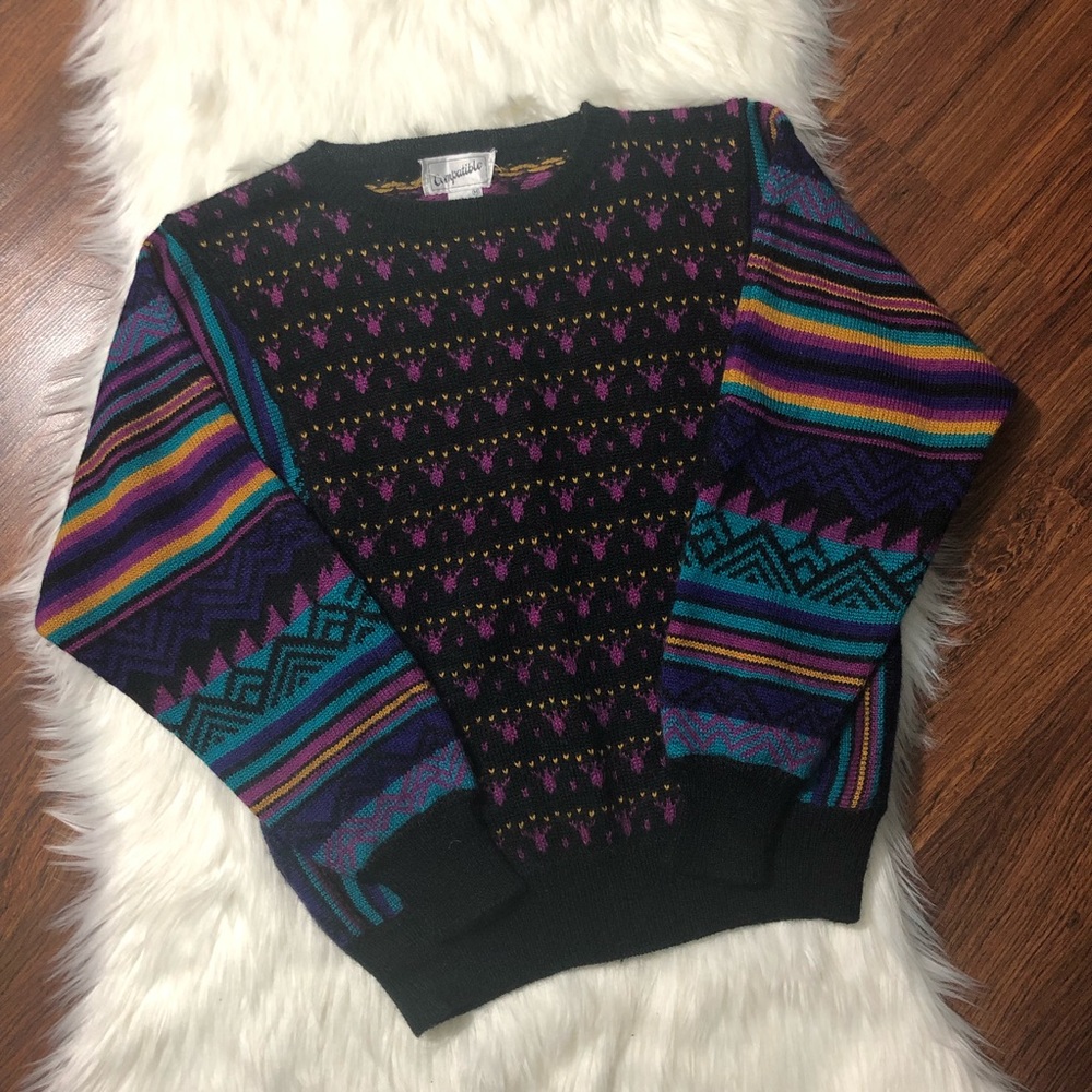 Vintage // black colorful funky sweater medium